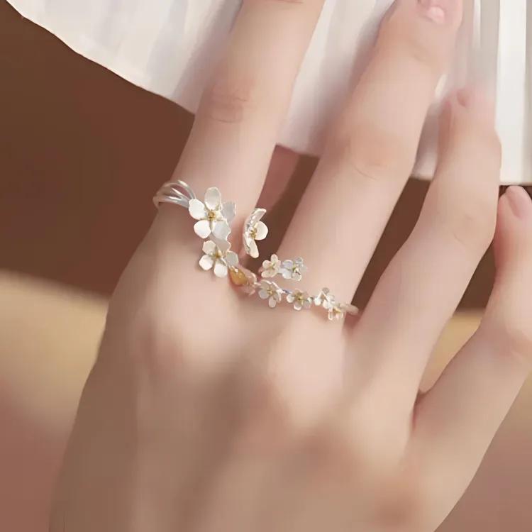 足银戒指 纯银花朵开口戒指女款食指小众设计复古风闺蜜礼物森系