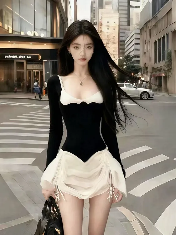 韩版时尚纯欲显瘦气质名媛撞色U领长袖修身收腰拼接设计感连衣裙