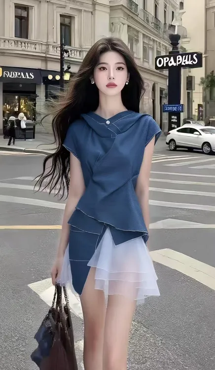 夏季轻熟风蓝色不规则荡领修身收腰设计感连衣裙时尚气质显瘦女装