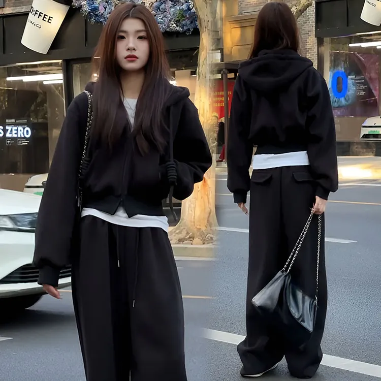 韩系穿搭一整套女春秋开衫连帽卫衣外套搭配高腰长款休闲裤两件套