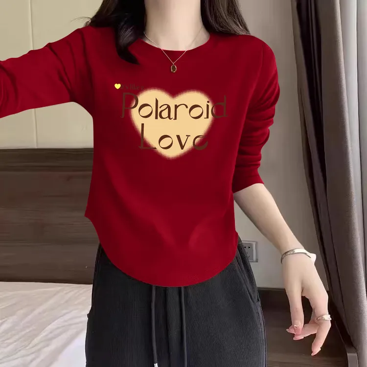纯棉春秋新款圆领正肩宽松遮肉不规则弧形洋气长袖印花别致打底衫