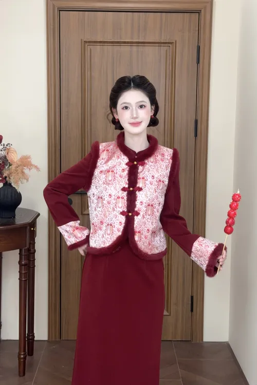 LiLi李李家【惊鸿】新中式红色马甲+连衣裙套装XMZH10621XMZH10622