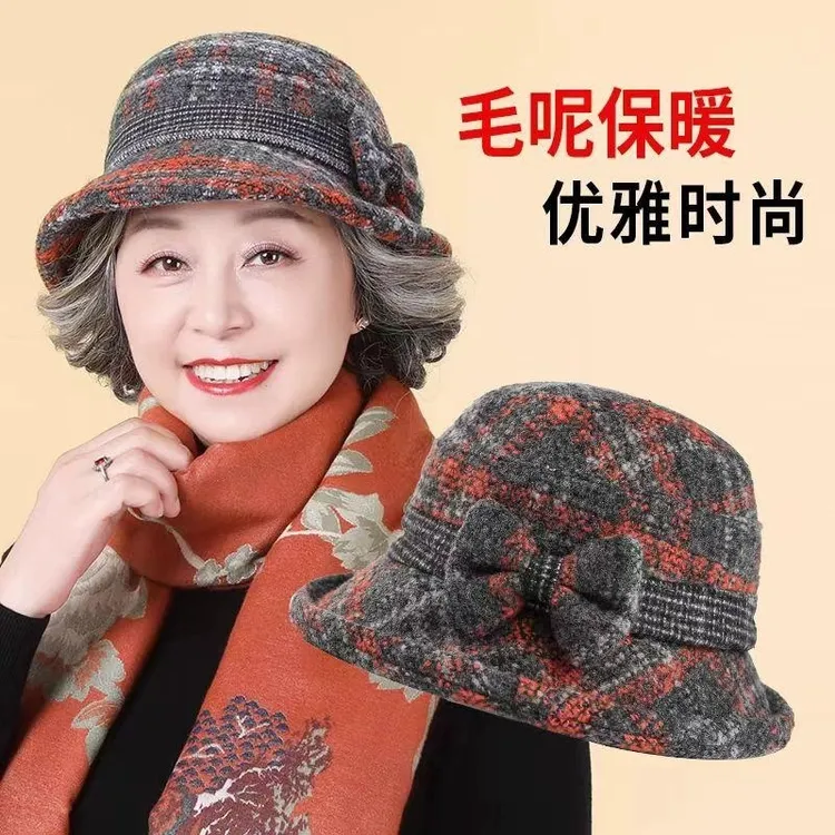 秋冬毛呢盆帽保暖中老年妈妈渔夫帽优雅蝴蝶结休闲显脸小复古盆帽
