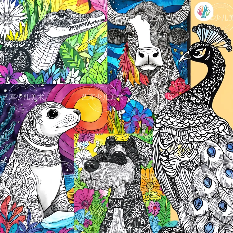 萌趣动物线描临摹卡32张马克笔线描彩色儿童卡通画室少儿美术A5