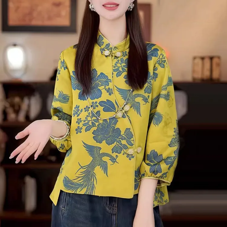 新中式人丝提花衬衫女2025早秋款国风七分袖斜襟印花小衫唐装上衣