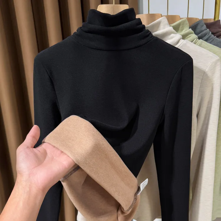 黑色德绒打底衫女2025年秋冬内搭堆堆领修身长袖加厚小衫百搭T恤
