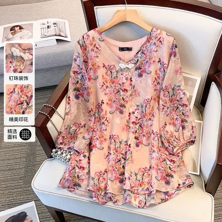24533T七分袖雪纺衫洋气胖mm显瘦加大码女装夏季宽松印花V领上衣