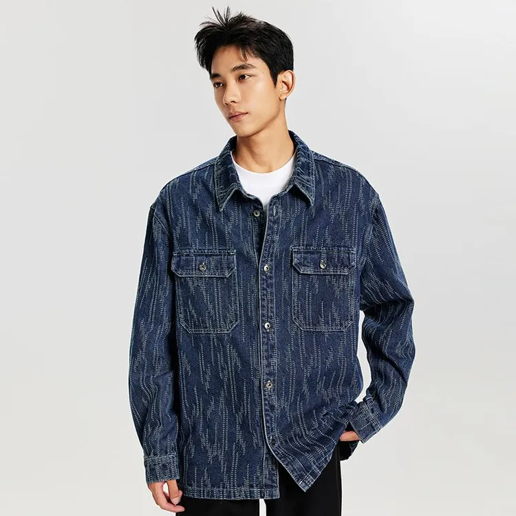 爆款小香风大码长袖牛仔夹克时尚水洗潮流提花工艺复古宽松外套