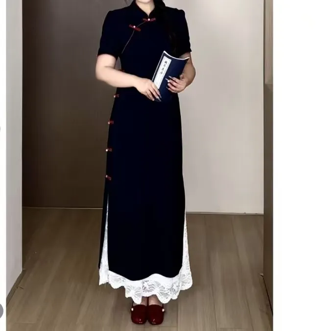 OneCo.【砚边雪】大码黑色旗袍新中式改良连衣裙1063+衬裙1065