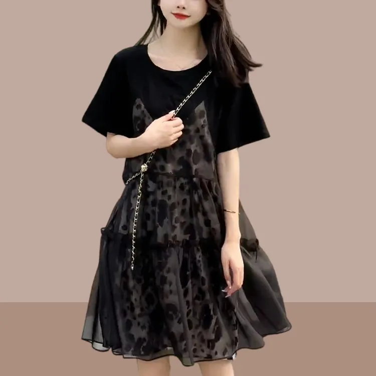 假两件短袖连衣裙女2025夏季新款欧货宽松显瘦高级感吊带a字裙子