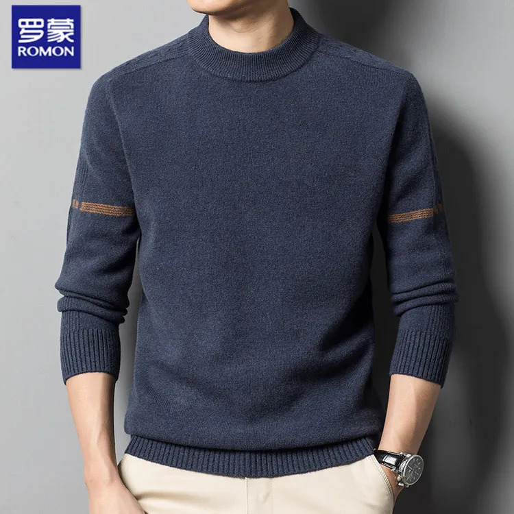 罗蒙全羊毛100%针织衫毛衣秋冬新款休闲圆领高档半高领保暖打底衫