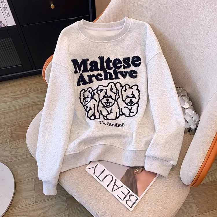 韩系设计感圆领刺绣卫衣女2025秋冬新款爆款宽松大码胖mm上衣外套