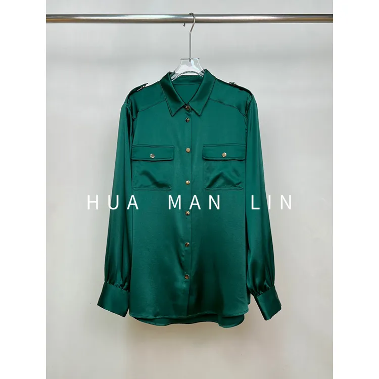 【花满林】翻领正门襟双口袋35MM重磅弹力缎真丝桑蚕丝上衣258215