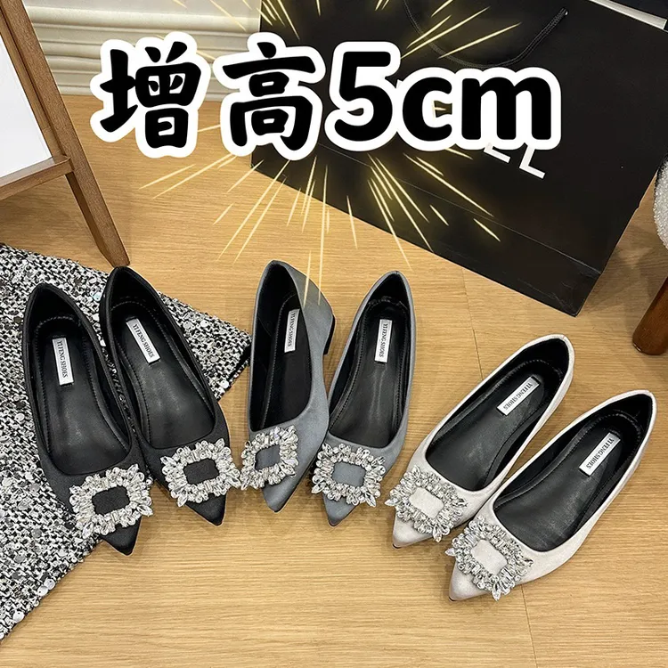 法式尖头浅口水钻单鞋浅口平底鞋中跟方头高跟复古风气质百搭