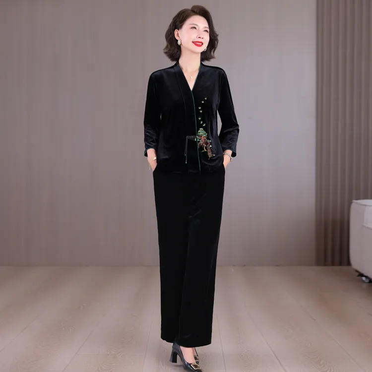 女装2025新中式唐装春秋新款金丝绒国风刺绣钉珠上衣长裤两件套装