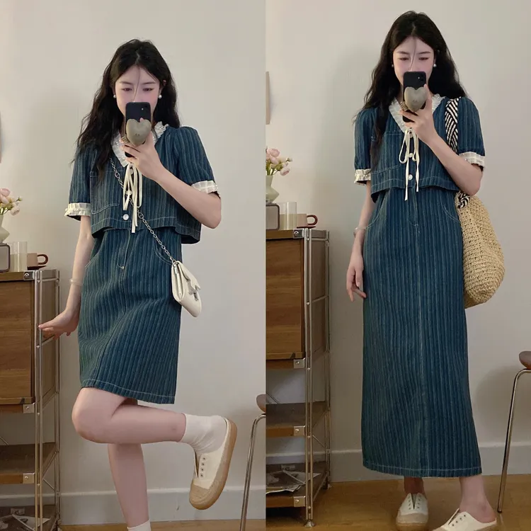 大码春夏新款条纹腔调微胖遮肉显瘦牛仔连衣裙女