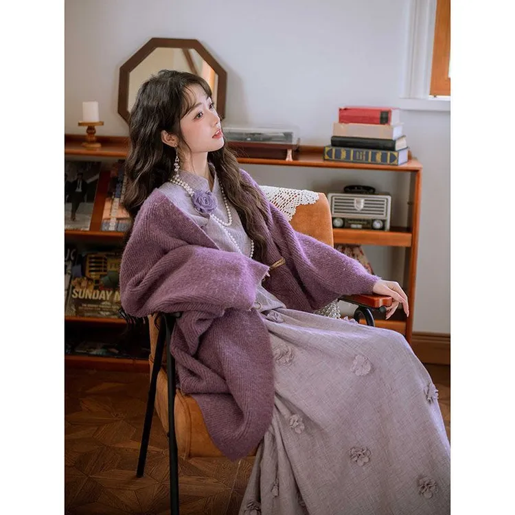 冬季新中式【布织花】复古紫色上衣秋冬加厚花半裙国风爆款百搭长款