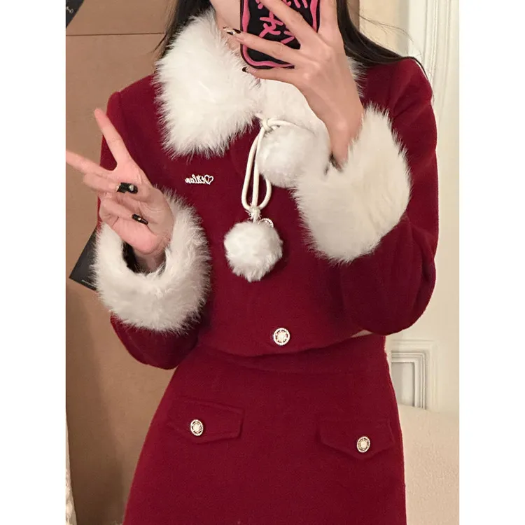 秋冬季新年战袍圣诞小香风千金氛围感显瘦淑女上衣+漂亮出片衣服