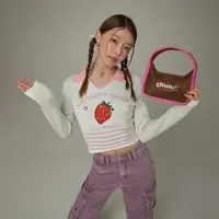 H012【金拐子专属】CHUU草莓提花设计条纹软糯甜妹针织衫-F