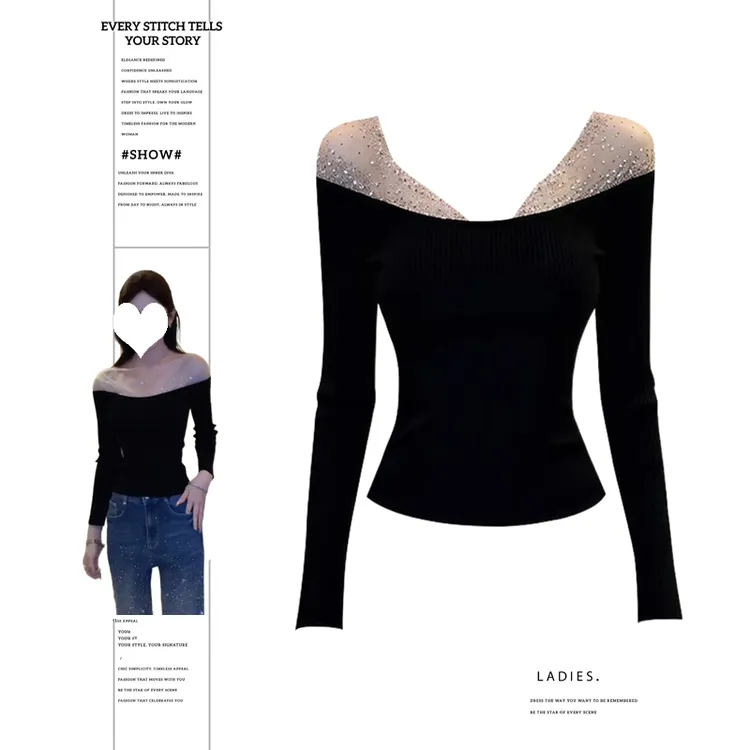 大码胖MM纯欲风辣妹V领烫钻长袖T恤女秋冬修身显瘦内搭打底衫上衣