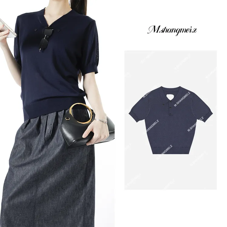 M.SHANGMEI.Z/沐熙【冰冰蓝】美大哥镂空ol透气舒适针织T恤X052453