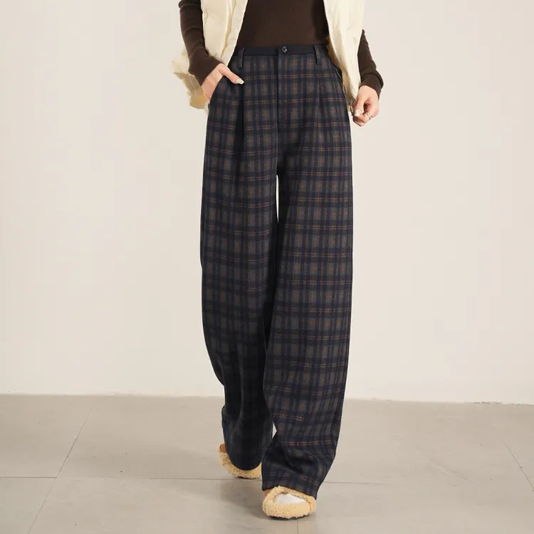 凌丹娜冬款新款卡色毛呢格子裤女高腰垂感显瘦休闲直筒裤子84332