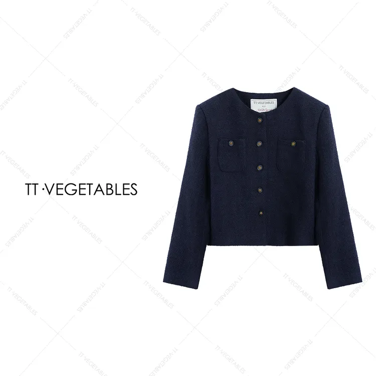 噢芬/小个子 【曼蓝】羊毛混纺短外套秋季小香风开衫521142