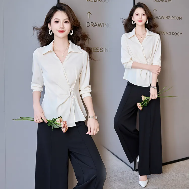 法式气质V领衬衫套装女2025春秋新款高级感洋气时髦阔腿裤两件套