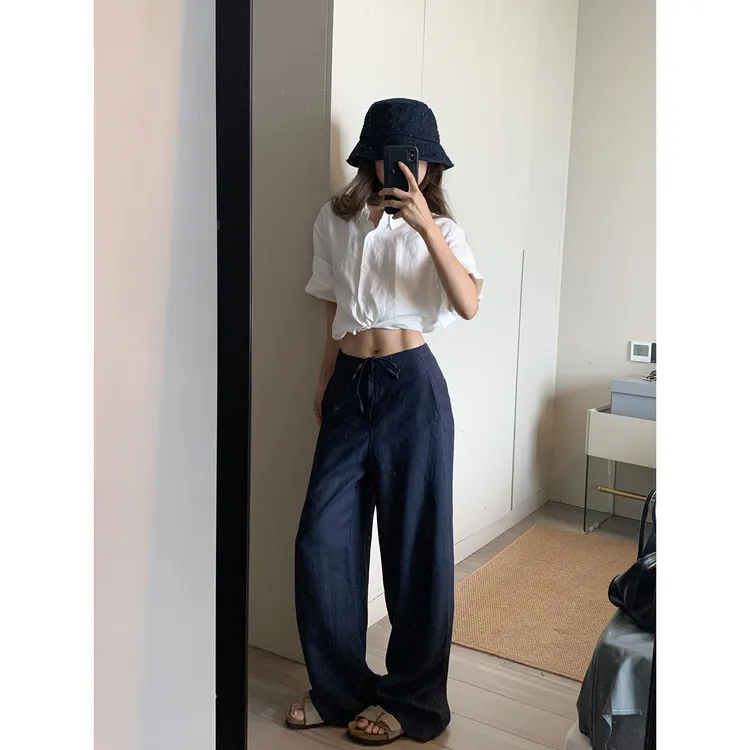 藏青色宽松直筒休闲裤子女2025年夏季薄款百搭系带显瘦窄版阔腿裤