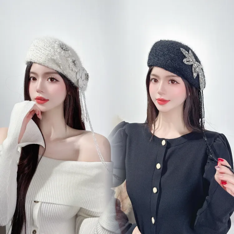 CREAMPP 原创优雅淑女气质毛圈定型侧褶画家帽流苏钻饰香风贝雷帽