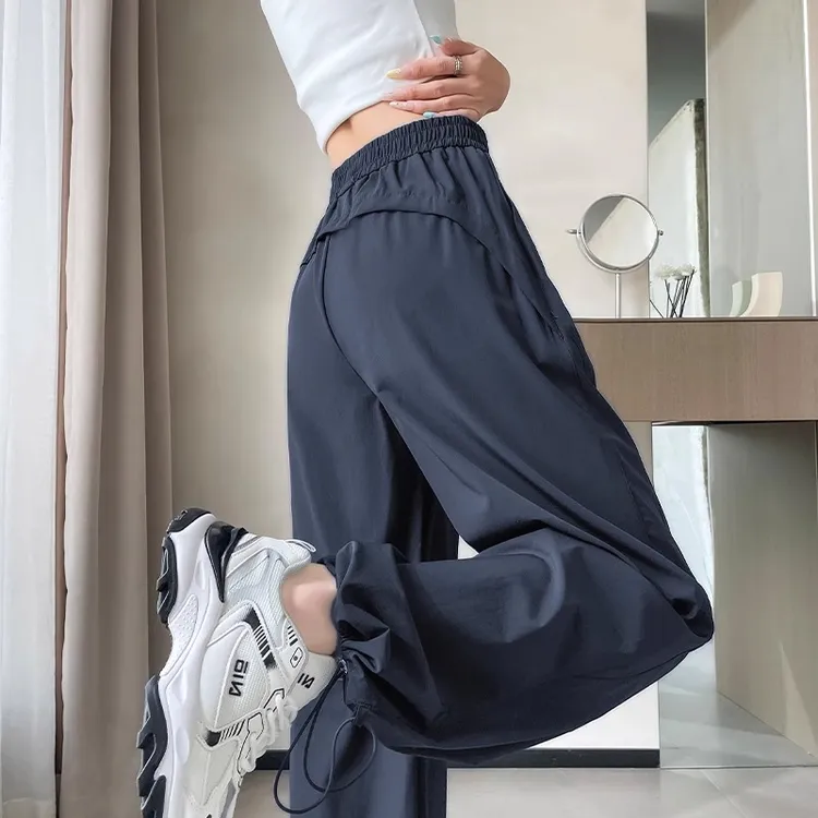 冰丝速干工装裤女夏季薄款2025高腰宽松显瘦垂坠感束脚运动阔腿裤