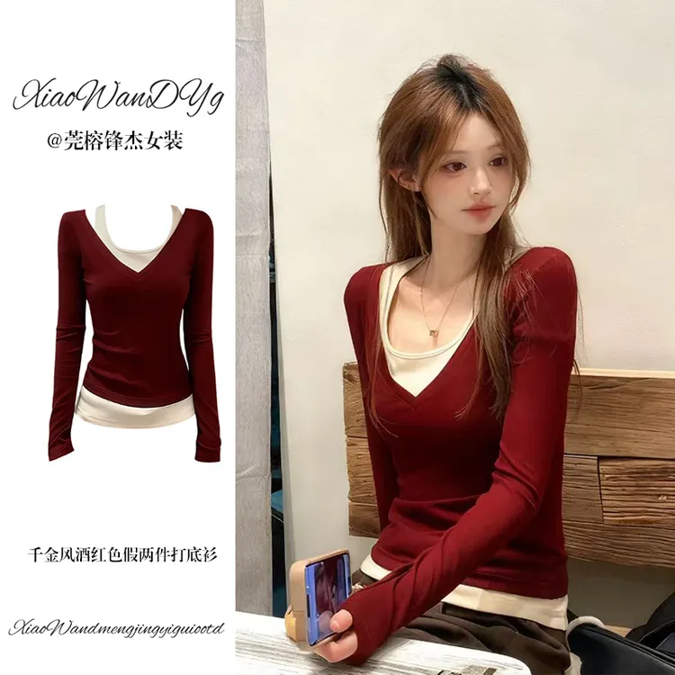 假两件撞色高级感V领拼接长袖T恤女设计感修身内搭打底衫上衣秋季