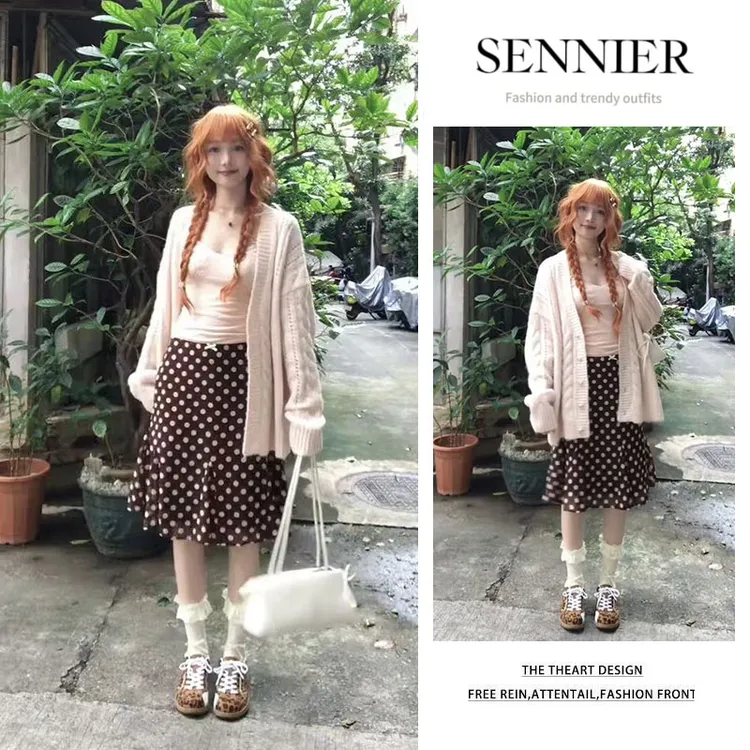 秋季穿搭2025新款宽松长袖针织开衫吊带内搭显瘦波点半身裙三件套