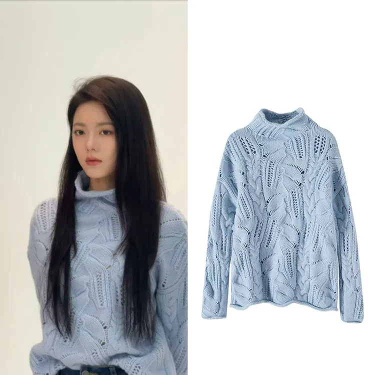 骄阳似我赵今麦聂曦光穿搭蓝色半高领镂空针织衫宽松慵懒风毛衣女