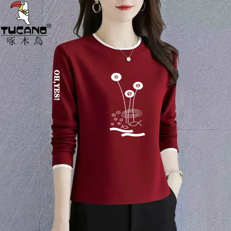 啄木鸟纯棉打底衫女款爆款2025秋冬新款气质内搭休闲百搭宽松T恤