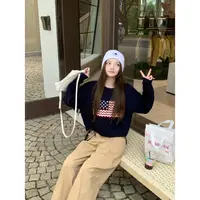 秋季一眼街拍美女美式复古圆领毛针织长袖百搭上衣女Y3619