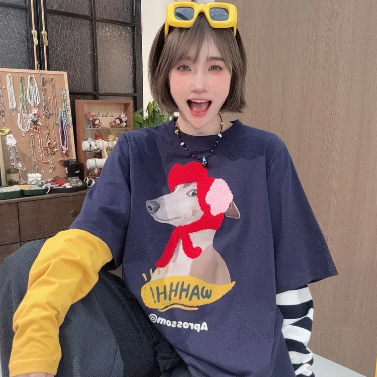 Apr.【富贵儿】数码印时尚假两件撞色百搭长袖早秋新款T恤25ST495