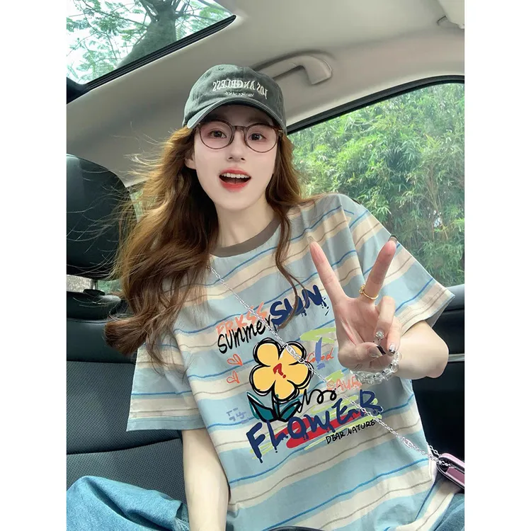 美式条纹短袖t恤女2025新款夏季宽松减龄印花网红洋气炸街女装