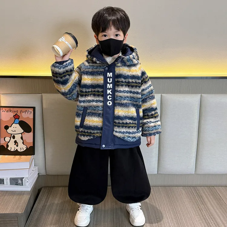 男童加绒外套冬洋气2025年新款宝宝冬装保暖儿童加厚棉服毛毛衣