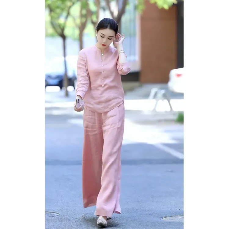 纯棉2025春秋季时尚太极拳国风高端显瘦上衣阔腿棉麻上衣女裤套装