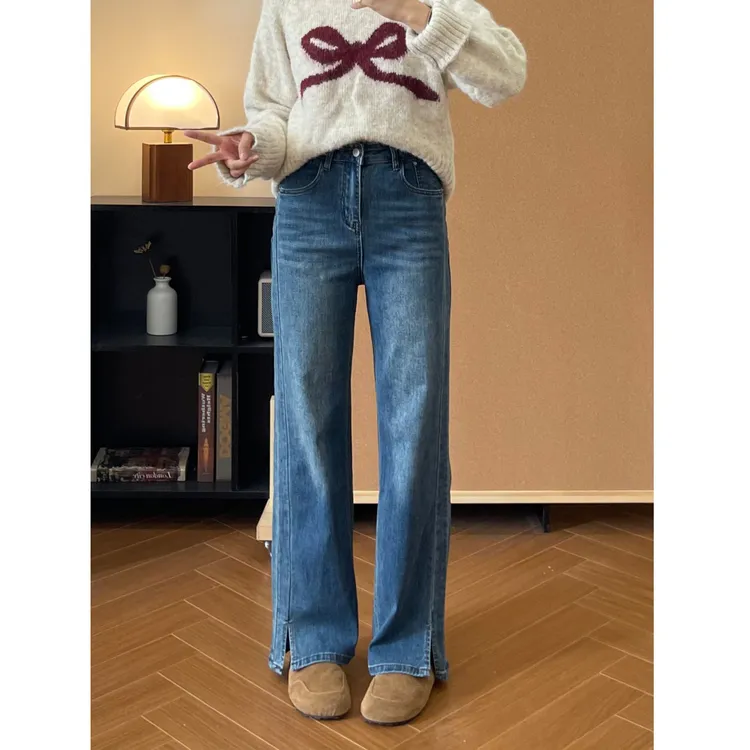 直筒开叉牛仔裤女2025新款微胖mm显瘦裤子梨形身材高腰遮胯阔腿裤