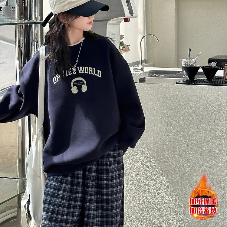 女大童加绒卫衣秋冬装加厚一体绒上衣洋气青少年初中生内搭打底衫