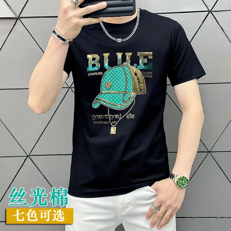 夏季潮流男t恤帽子潮牌烫钻圆领修身短恤男士印花个性百搭帅气