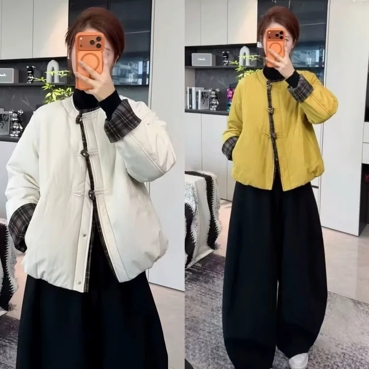 正版设计感格子拼接棉服短外套女装2025秋冬时尚休闲显瘦加厚上衣