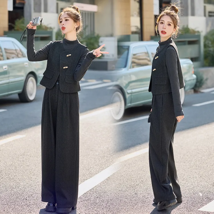 法式小香风马甲套装女2025年春秋新款洋气高级感气质阔腿裤三件套
