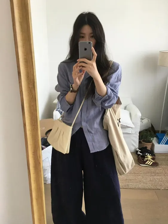 2025春季新款韩系气质简约蓝色衬衫百搭高腰显瘦垂感阔腿裤两件套