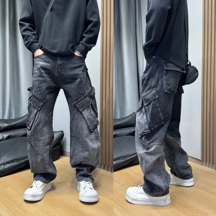 2025秋冬新款男士宽松弯刀百搭牛仔裤美式复古多口袋机能阔腿裤子