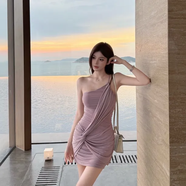 FAY【紫色晨曦】夏季斜肩修身显瘦扭结网纱纯欲风无袖包臀短裙