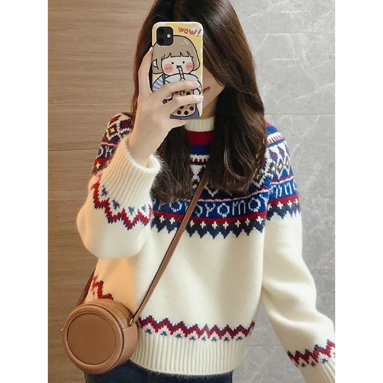 米白色慵懒风费尔岛套头针织衫女冬季巨好看的加厚毛衣可外穿内搭