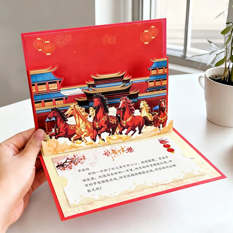 2026年新年贺卡定制3D立体中式折叠卡片春节送企业员工祝福感恩卡